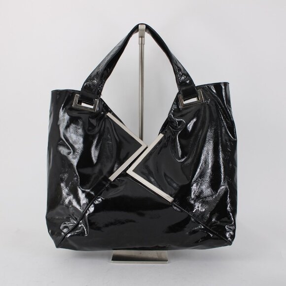 Kooba Purse 18 x 11 x 5 Black Silver Inner Pockets Shoulder Patent Leather Purse - Picture 3 of 13